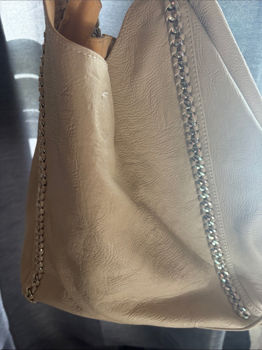 Neutral Taupe Chain-Trim Leather Shoulder Bag